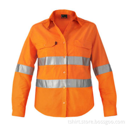 Hi Vis Drill Shirt, Long Sleeve, Reflective Tape, Orange Color